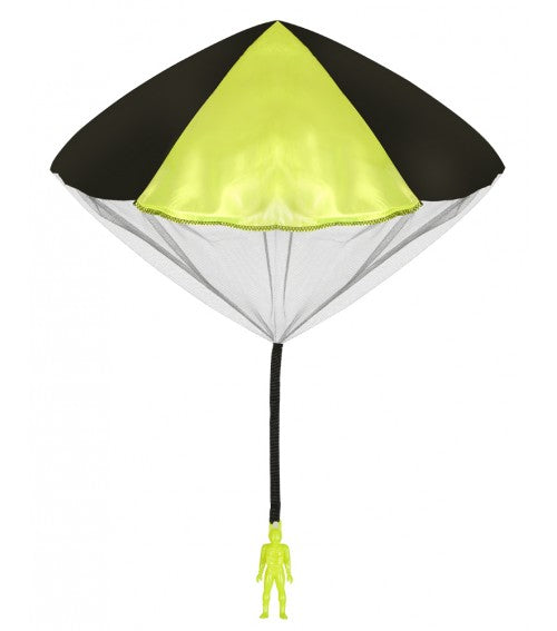 Parachute Man | Glow with neon yellow parachute and black netting, designed to glow in the dark for fun outdoor play.