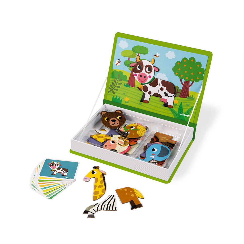 MagnetiBook Animals educational magnetic game with animal cards and colorful magnets in a book-shaped box for kids.