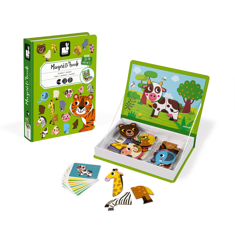 MagnetiBook Animals educational magnetic game with animal magnets and cards in a book-shaped box for creative play.