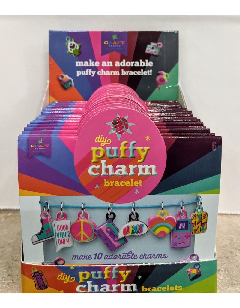 Puffy Charm Bracelet DIY kit with colorful puffy charms including peace sign and rainbow for kids ages 6 and up.