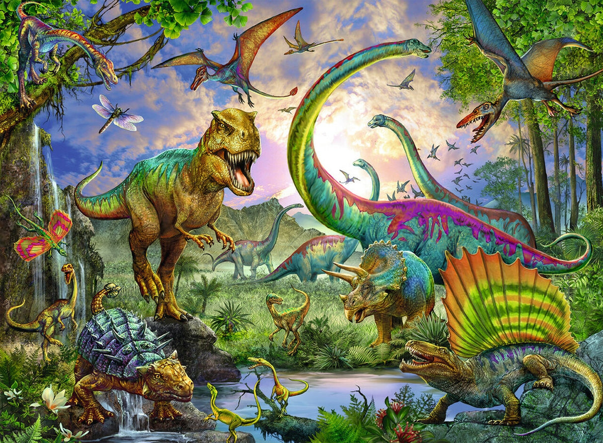 200pc Realm of the Giants Puzzle featuring vibrant prehistoric dinosaurs in a lush, detailed jungle scene under a bright sky.