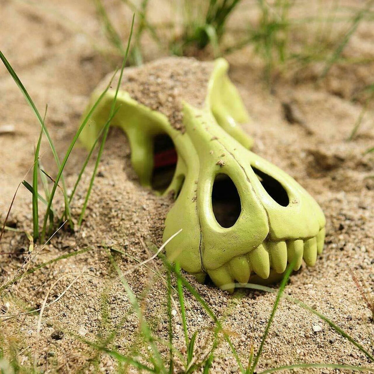 Green Dinosaur Sand Glove partially buried in sand with grass around, designed for fun outdoor digging and play.