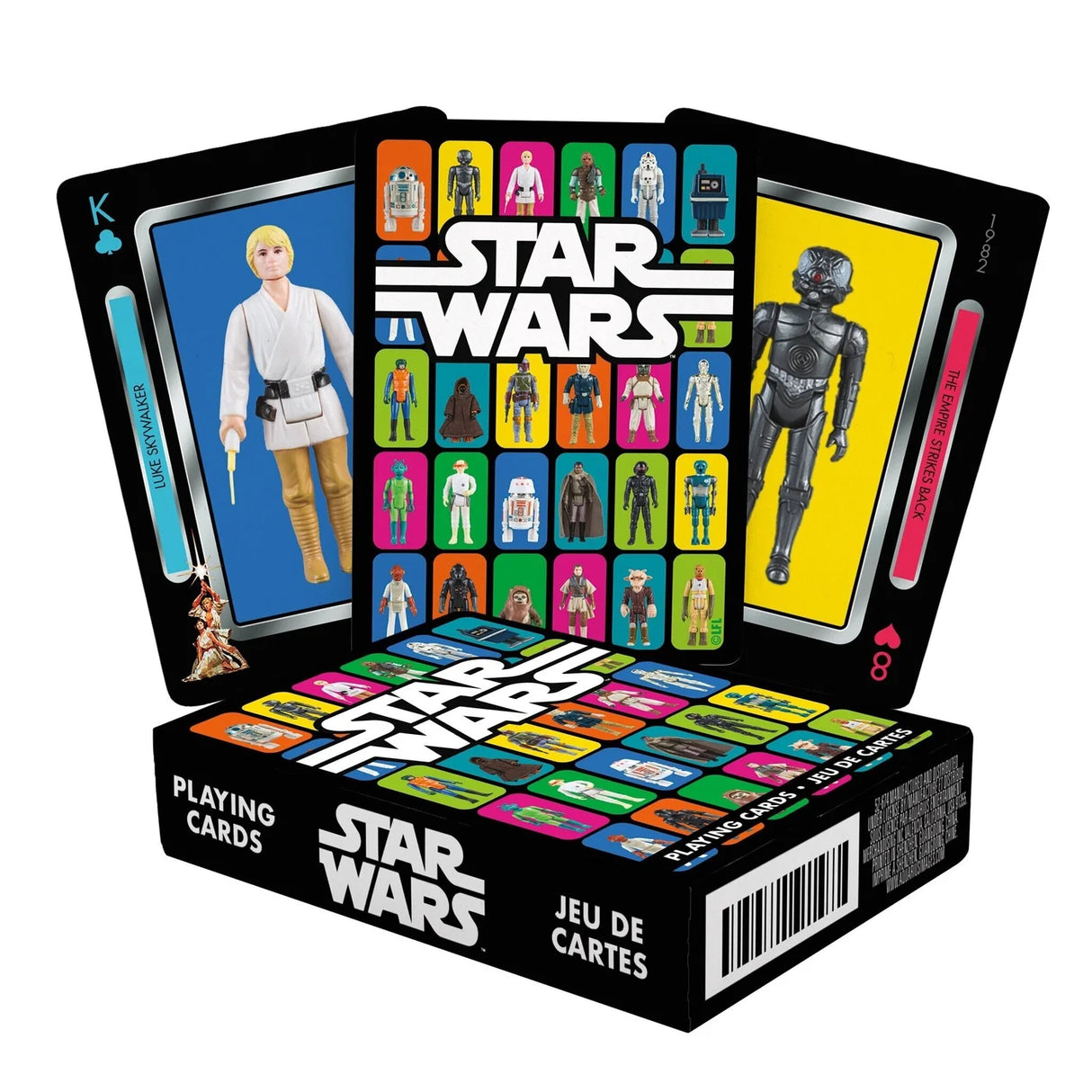 Star Wars Playing Cards featuring vintage action figures from 1977 to 1985 in a colorful collectible deck.