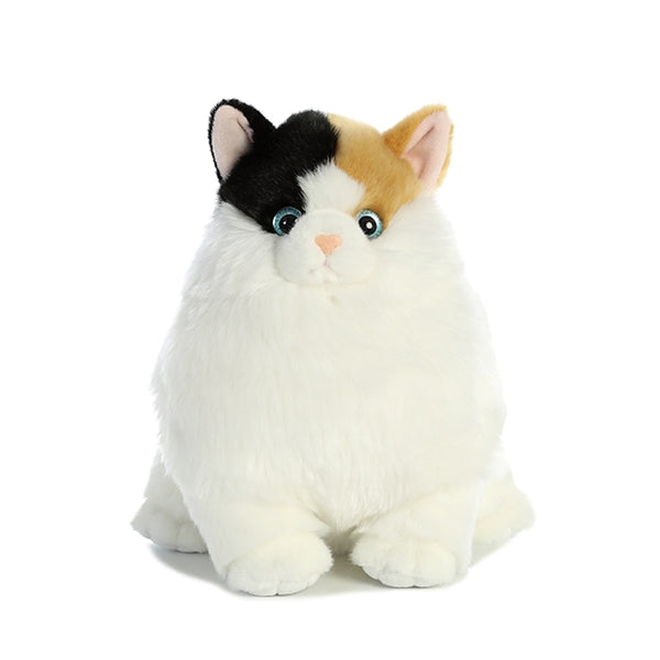 Calico Cat Munchy plush toy with soft white body, calico patch on head, and bright blue eyes, perfect for cuddling.