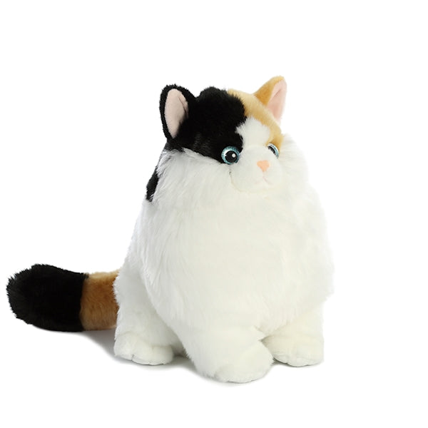 Calico Cat Munchy plush toy with soft white fur, calico head, blue eyes, and a squishy body for cuddles and play.