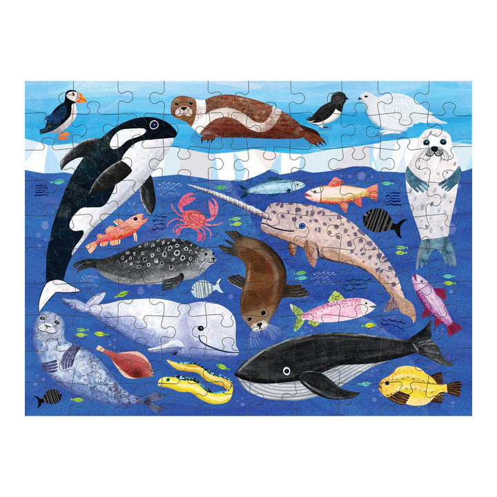 100pc Arctic Above & Below Doublesided Puzzle showing colorful arctic ocean animals like whales, seals, and fish underwater.