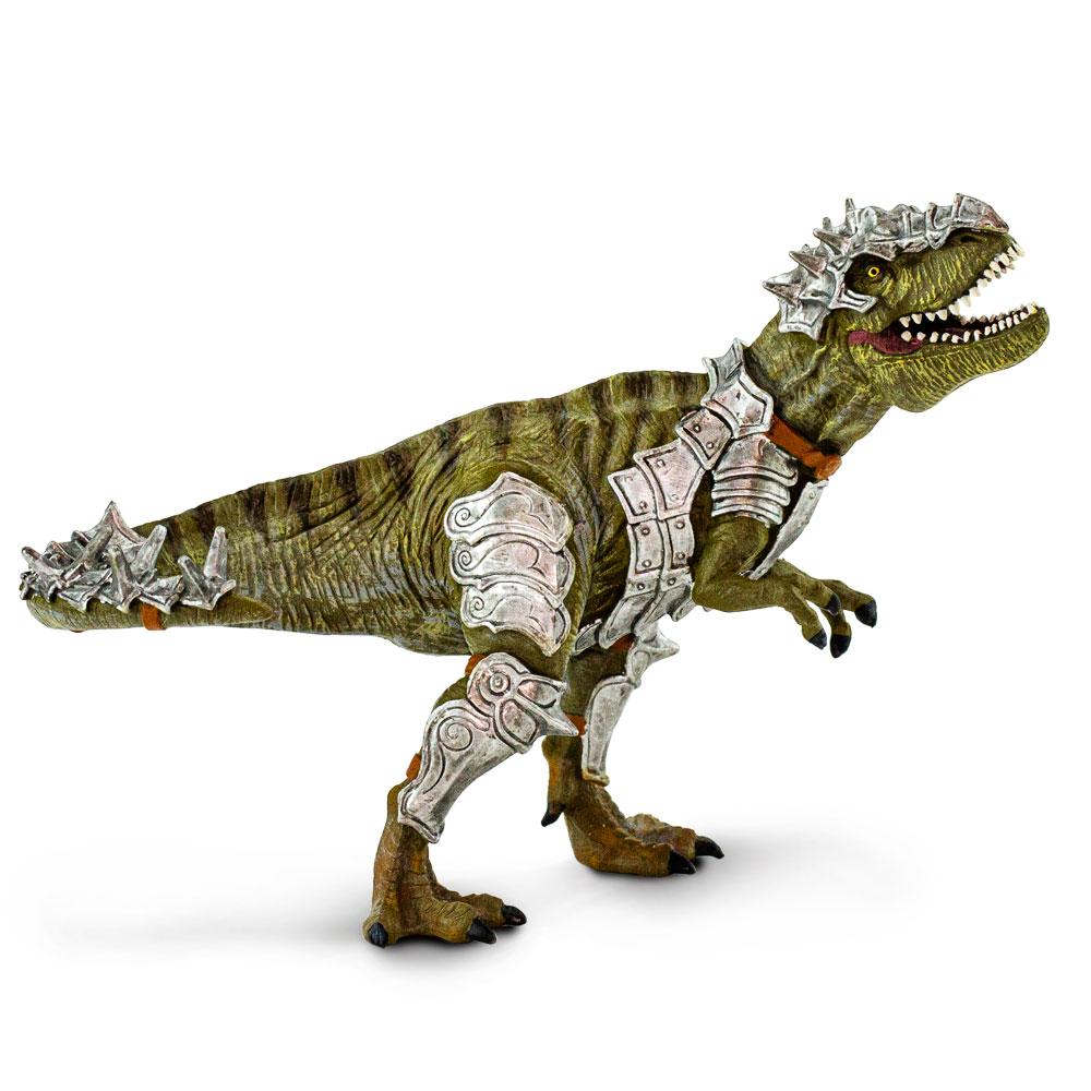 Armored T-Rex toy with silver spiked armor, movable jaw, green body with brown stripes, and detailed texture.