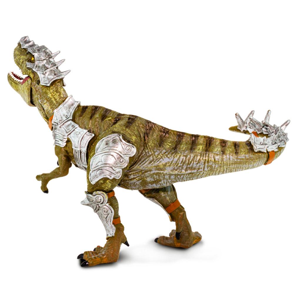 Armored T-Rex toy with silver spiked armor on head, legs, and tail, featuring movable jaw and green with brown stripes.