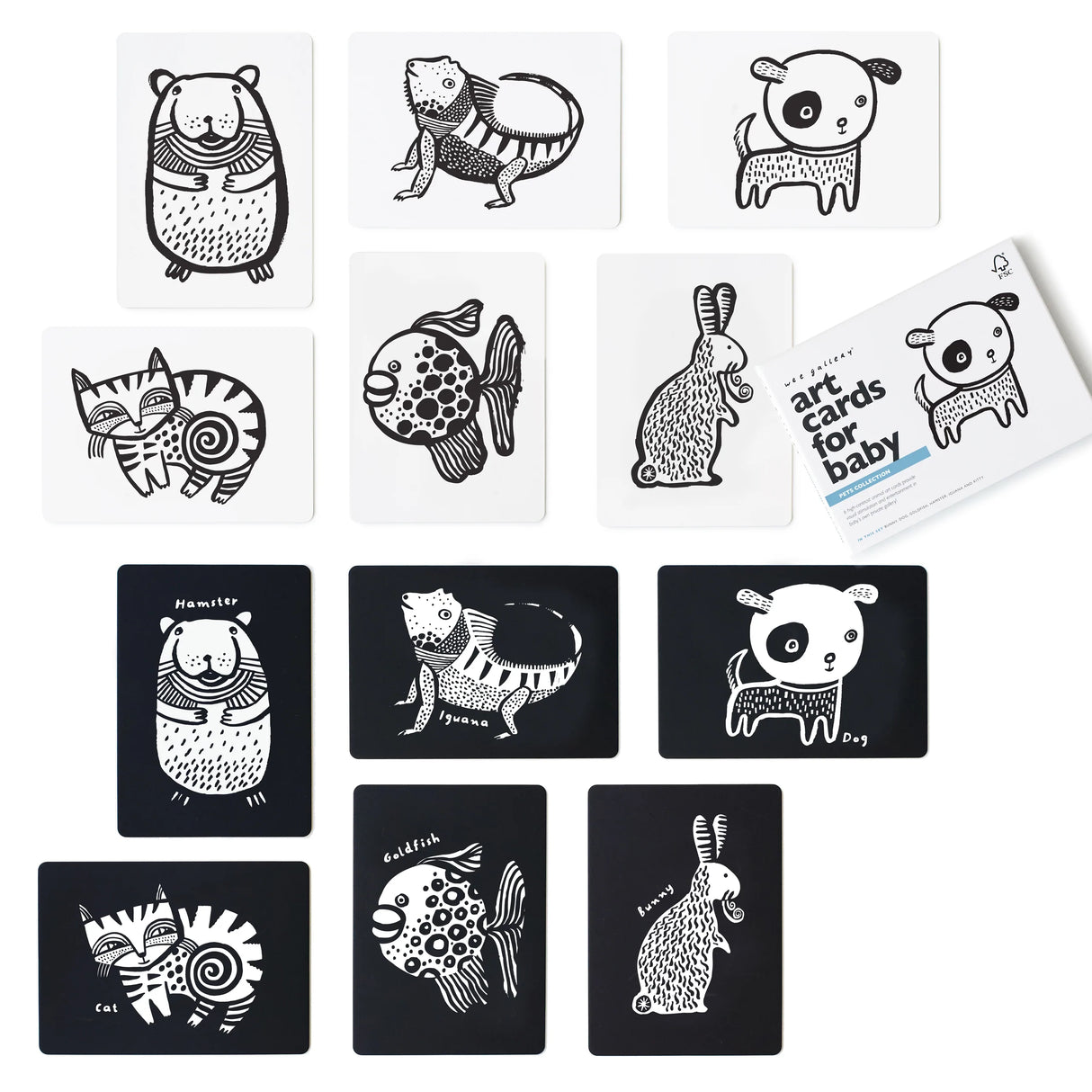Pets Art Cards featuring black-and-white animal designs including dog, cat, rabbit, hamster, goldfish, and iguana on sturdy cards.