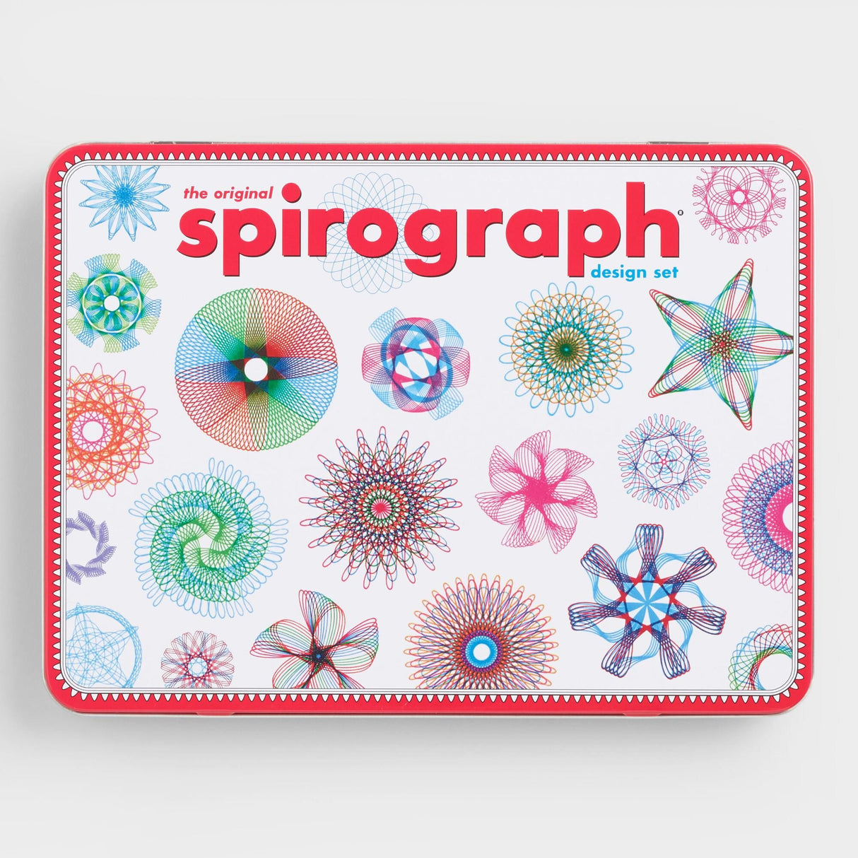 Spirograph Original Tin featuring colorful geometric designs and classic Spirograph logo on a collectible tin lid.