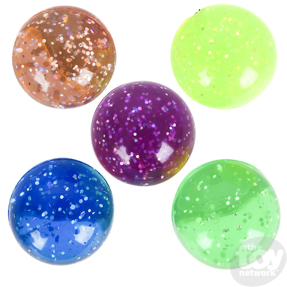 Glitter Bouncy Ball in assorted colors with sparkling glitter, durable and pocket-sized for fun on the go.