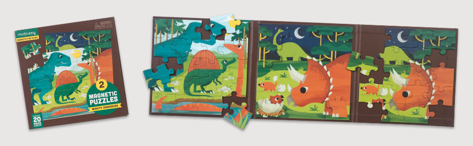 20pc Mighty Dino Magnetic Puzzle with 2 dinosaur-themed magnetic puzzles in a tri-fold portfolio for kids.