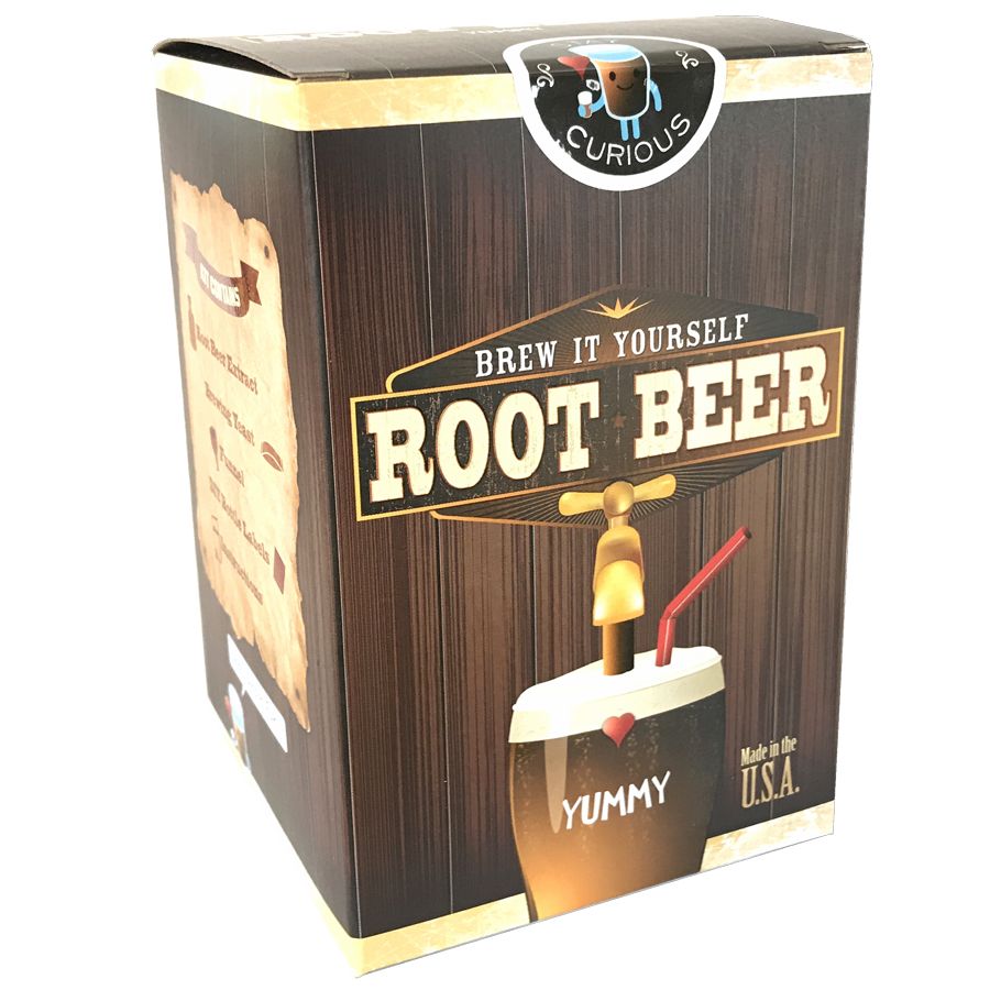 Brew Root Beer kit packaging with vintage design for brewing homemade naturally carbonated root beer in soda bottles.