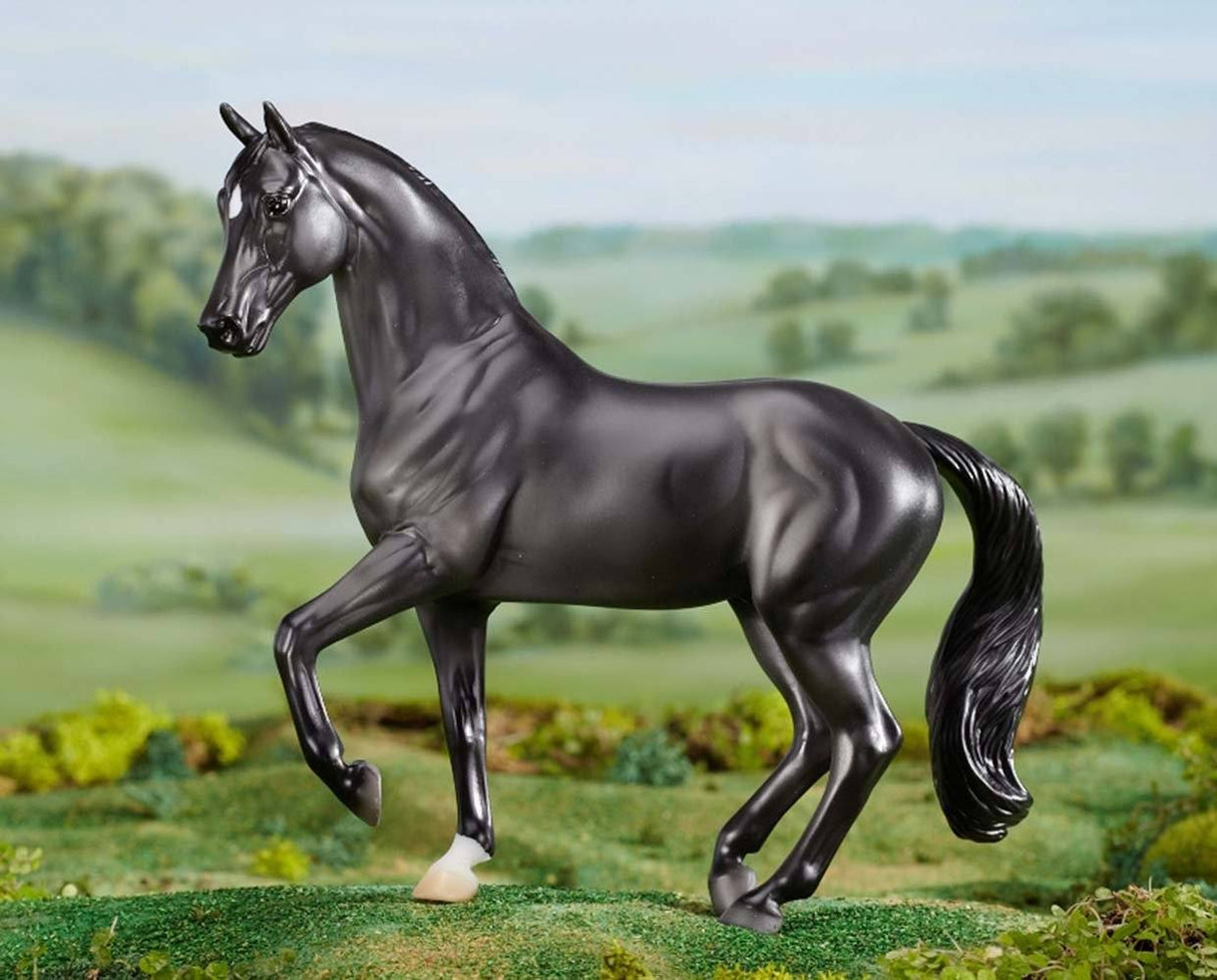 Black Beauty w/Book features a detailed 1:12 scale black horse model set against a lush countryside background.