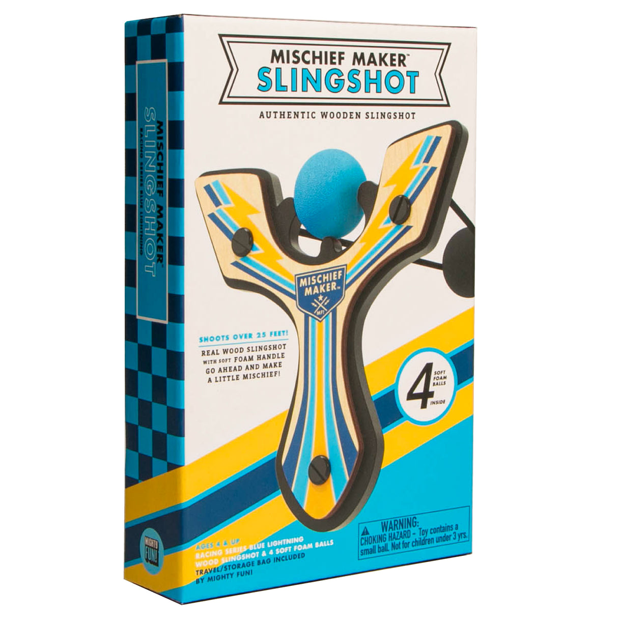 Slingshot Blue Lightning authentic wooden toy slingshot with foam balls and colorful packaging for kids ages 4 and up.