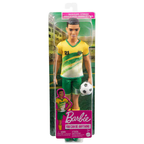 Barbie Ken Soccer #21 doll in yellow and green uniform holding a soccer ball in packaging for ages 3 and up