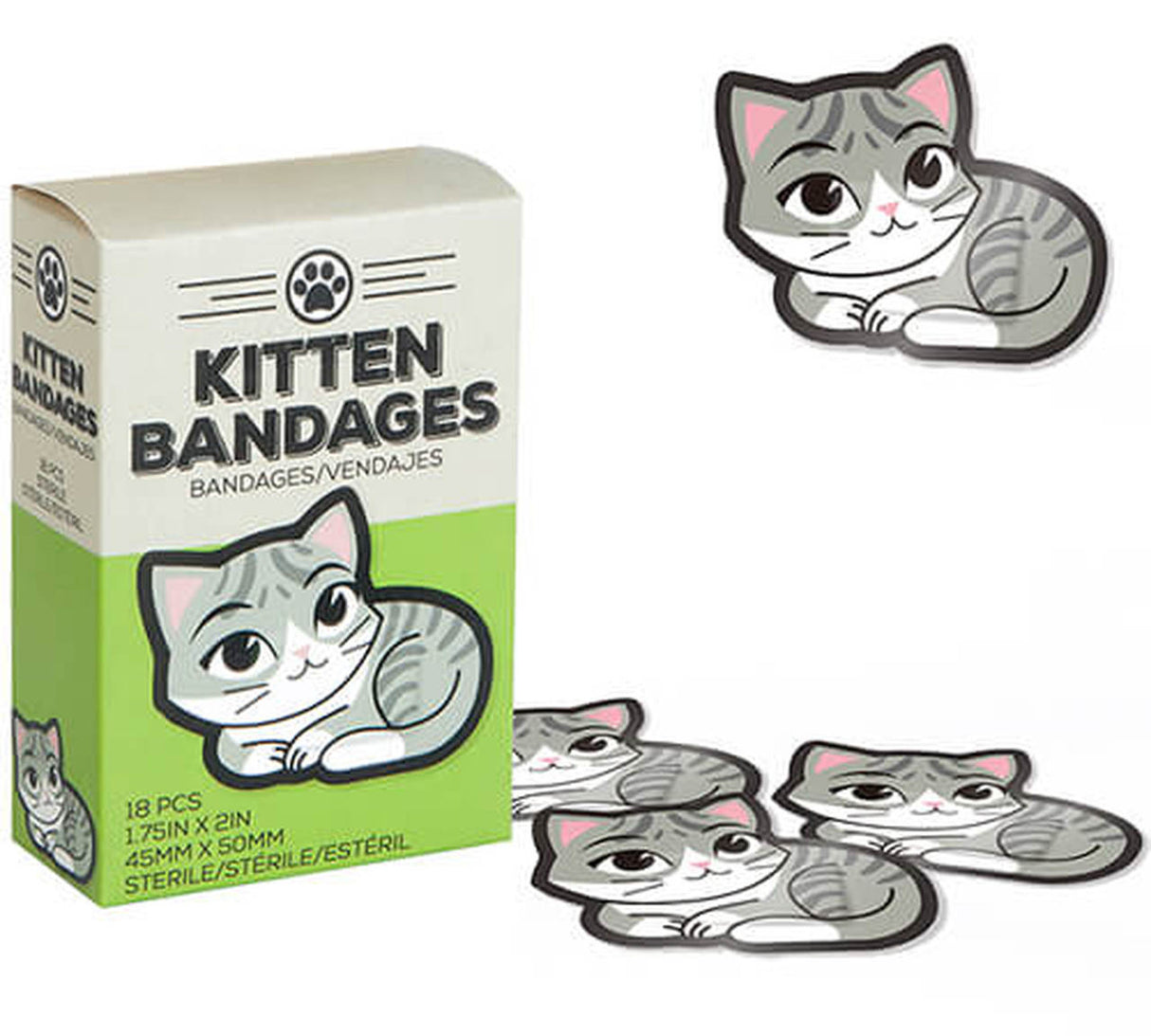 Kitten Bandages box with 18 adhesive cartoon cat-shaped bandages for covering minor cuts and scratches.