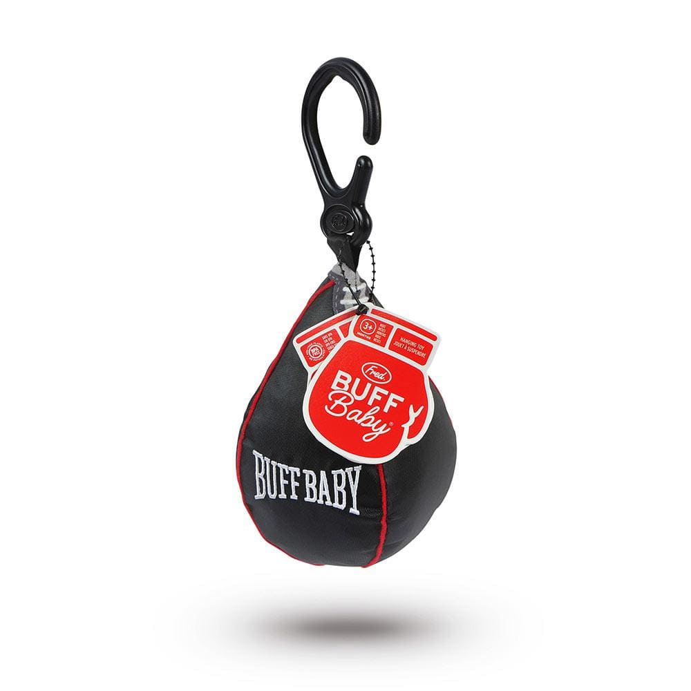 Speed Bag Stroller Toy hanging with carabiner clip, perfect for toddler hand-eye coordination and sensory play.
