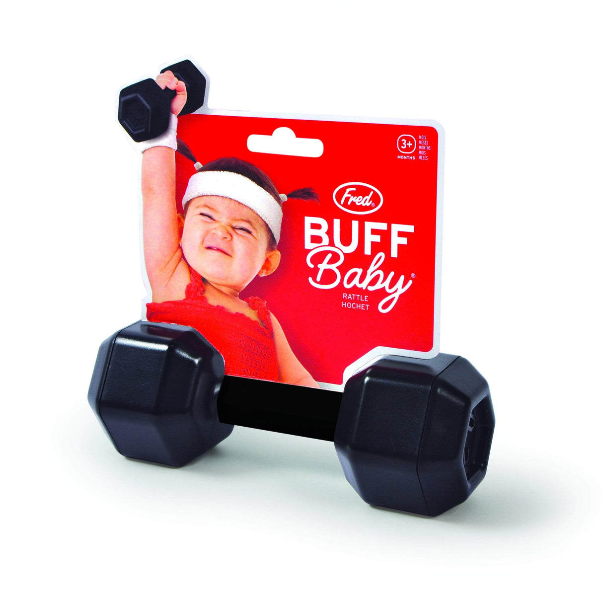 Dumbell Rattle baby toy shaped like a black dumbbell with natural hand-grips and gentle rattle sound.