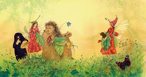Illustration from Little Fairy's Meadow Party showing Faith the fairy with animal friends in a lush, magical meadow setting.