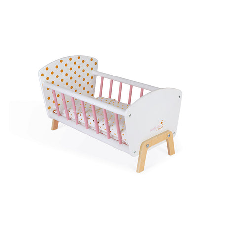 Doll Bed wooden frame with pink rails, golden polka dot bedding, pillow, and mattress for dolls up to 42 cm.