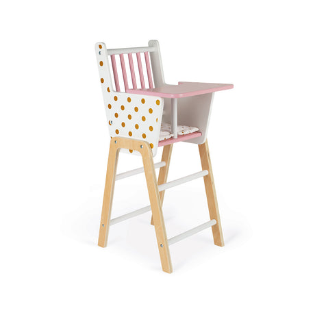 High Chair with wooden frame, pink tray, and golden polka dot cushioned seat for dolls up to 42 cm.
