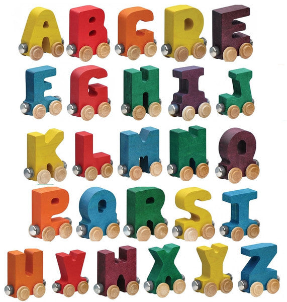 Nametrain Letter E wooden train car, colorful, magnetic, sustainably made for kids, compatible with wooden railway sets.