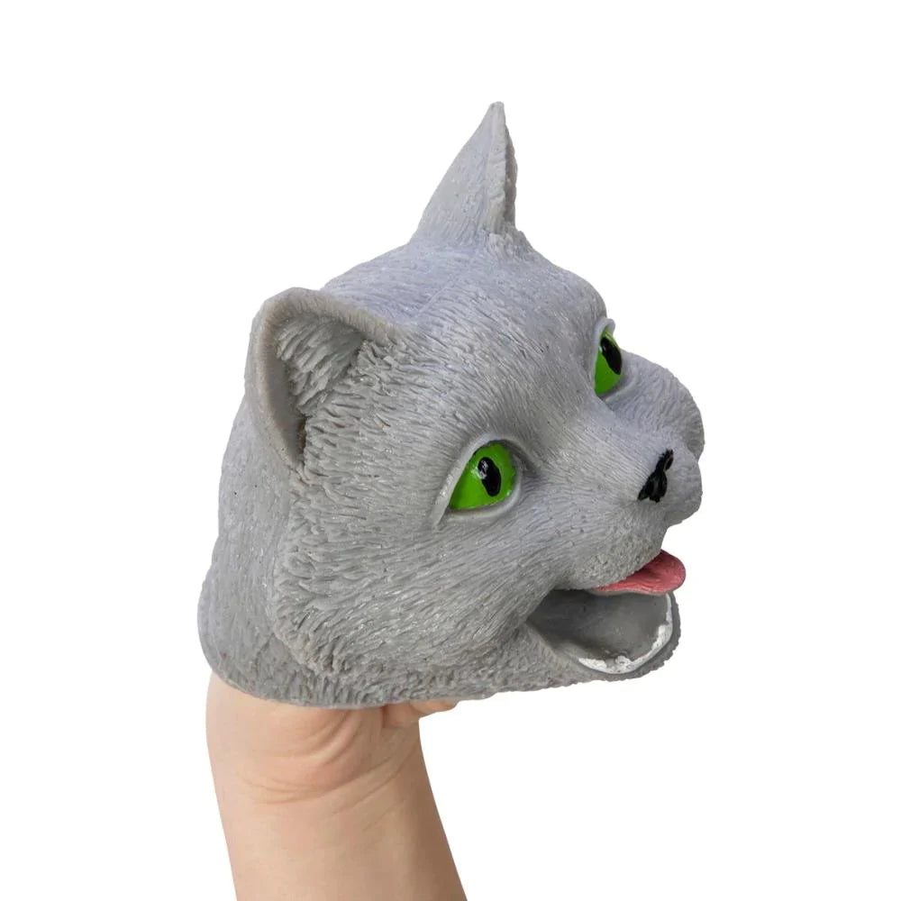 Gray Cat Rubber Puppet with bright green eyes, worn on hand for imaginative play and storytelling.