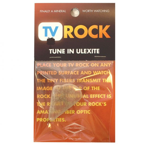 TV Rock displaying ulexite's fiber optic effect by projecting images onto any surface clearly.