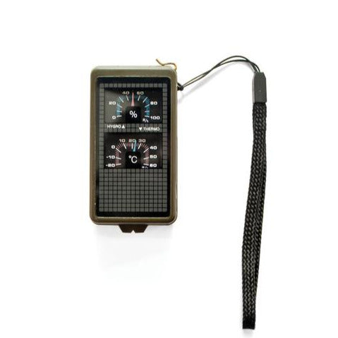 Camping Survival Tool with hygrometer and thermometer functions in a compact, portable design with wrist strap.