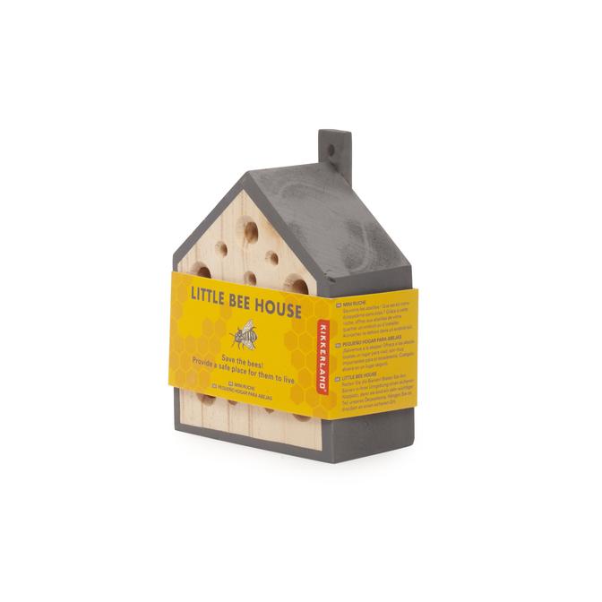 Little Bee House wooden bee home with dark grey walls and natural wood front for garden pollinators.