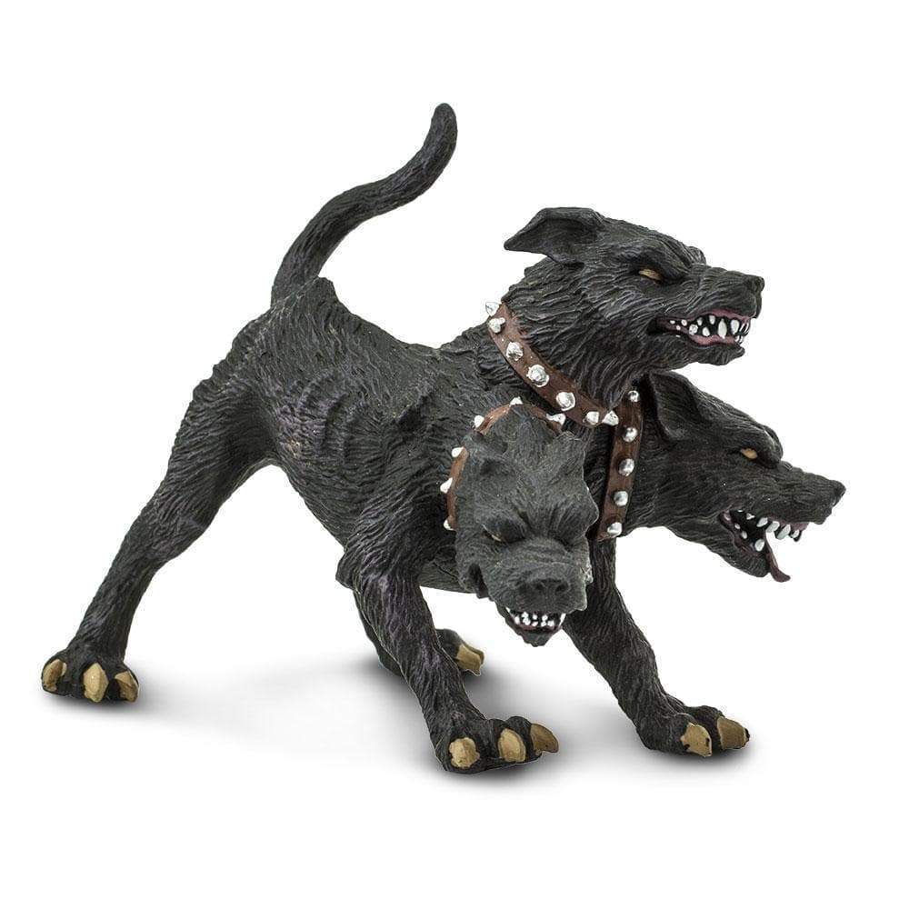 Cerebus figurine featuring a snarling three-headed black dog with silver-studded red collars in a fierce pose.