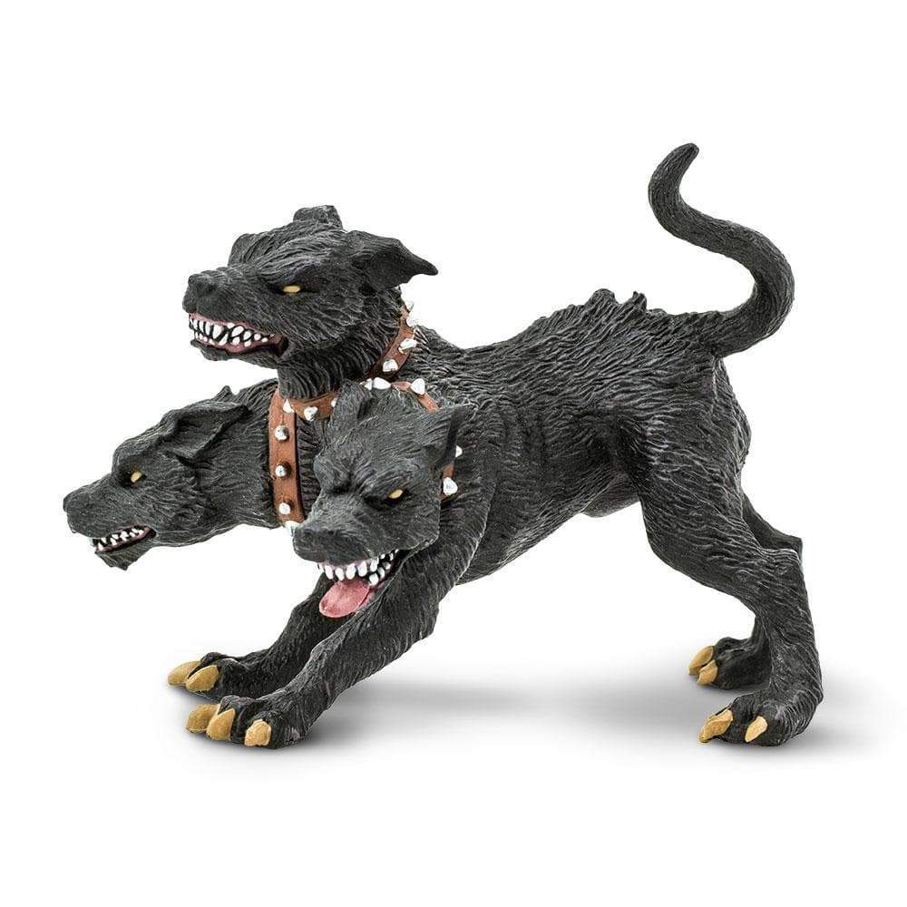 Cerebus figure with three snarling black heads and spiked brown collars, inspired by the mythic Hades watchdog.