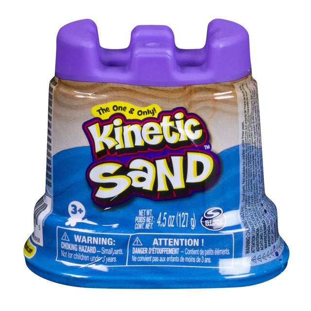 Kinetic Sand container with purple lid holding 4.5 oz of moldable, squeezable play sand for creative fun.