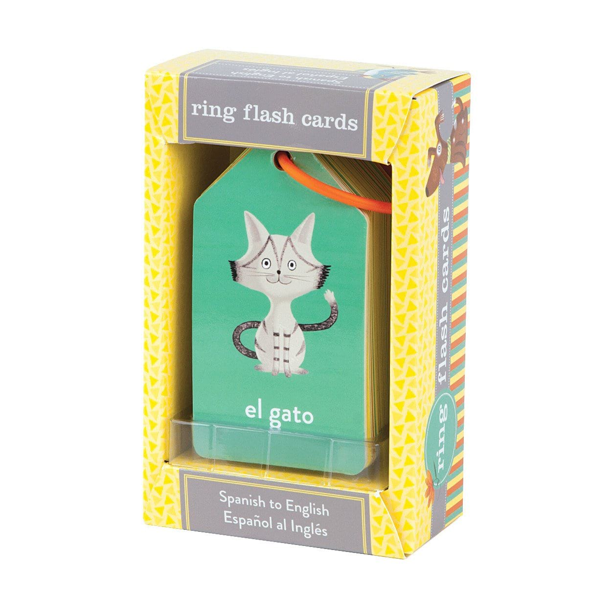 English / Spanish Flashcards showing illustrated cat card "el gato" on a re-closable ring in colorful packaging.