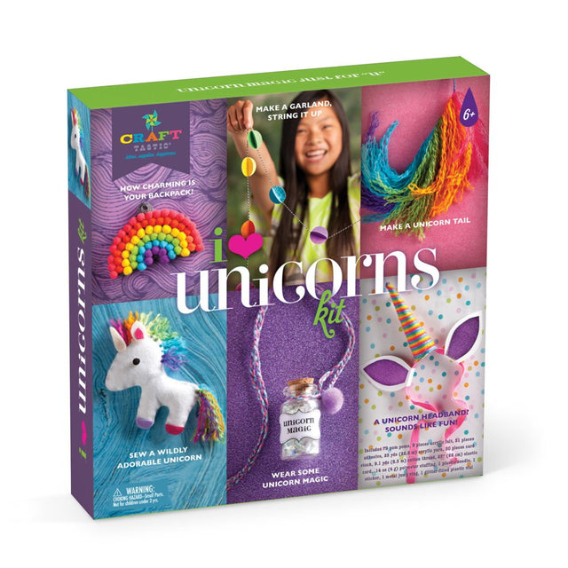 i <3 unicorns kit with 6 crafts including a unicorn headband, stuffie, garland, and rainbow accessories for kids ages 7+