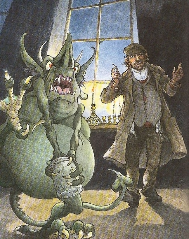 Hershel and the Hanukkah Goblins showing Hershel confronting a mischievous goblin near a lit menorah.