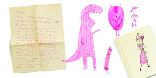 The Day the Crayons Quit features pink dinosaur and creature drawings alongside handwritten letters from crayons.