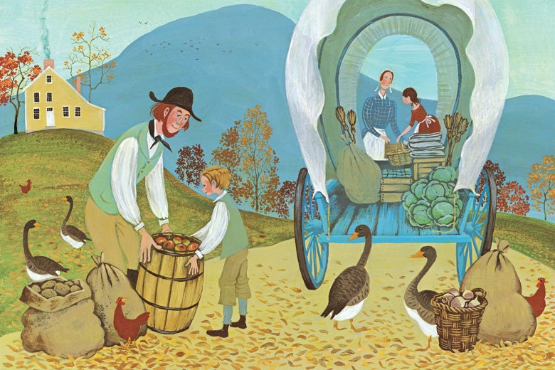 Ox-Cart Man showing a father and son loading goods by a covered wagon in a colorful rural New England farm setting.