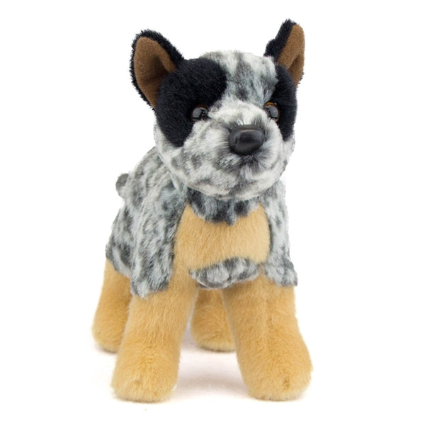 Australian Cattle Dog Clanger plush toy with soft gray, black, and tan fur, made by Douglas, 8 inches tall.