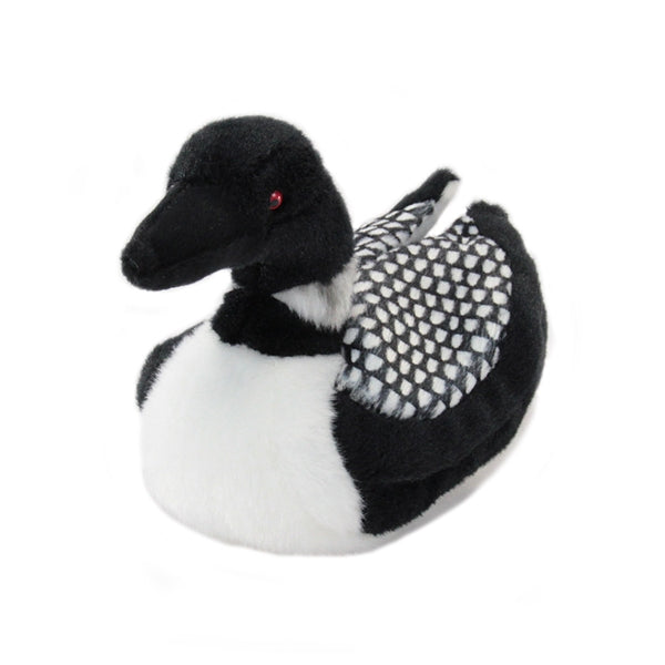 Loon Ludwig plush toy with black and white classic loon markings and distinctive red eyes, soft and machine washable.