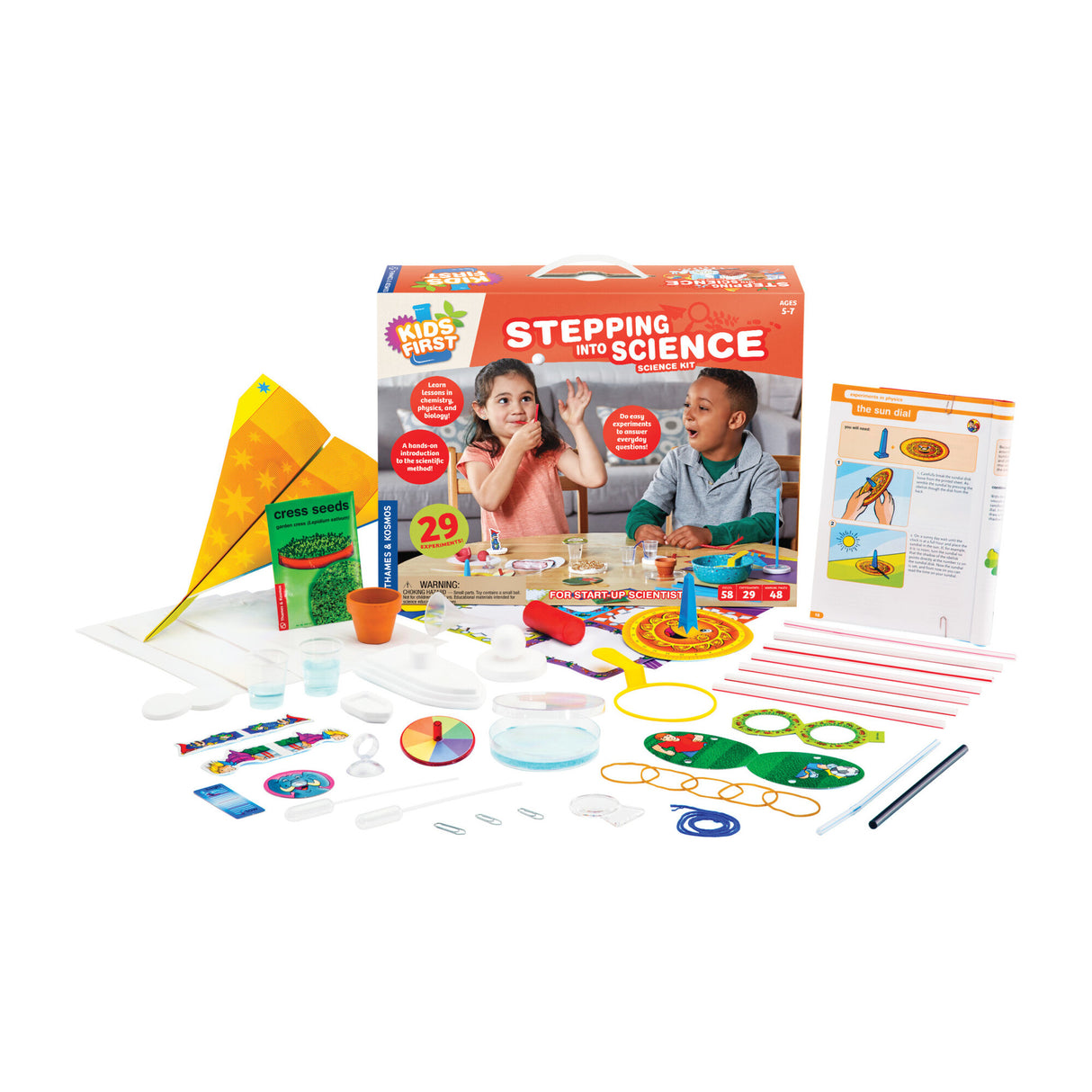 Stepping into Science kit with experiments, tools, guidebook, and kids exploring nature, physics, chemistry, air, and water.