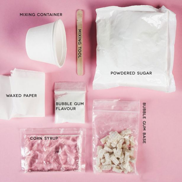 Bubble Gum Kit ingredients laid out including gum base, powdered sugar, corn syrup, flavor, mixing tool, container, and waxed paper.