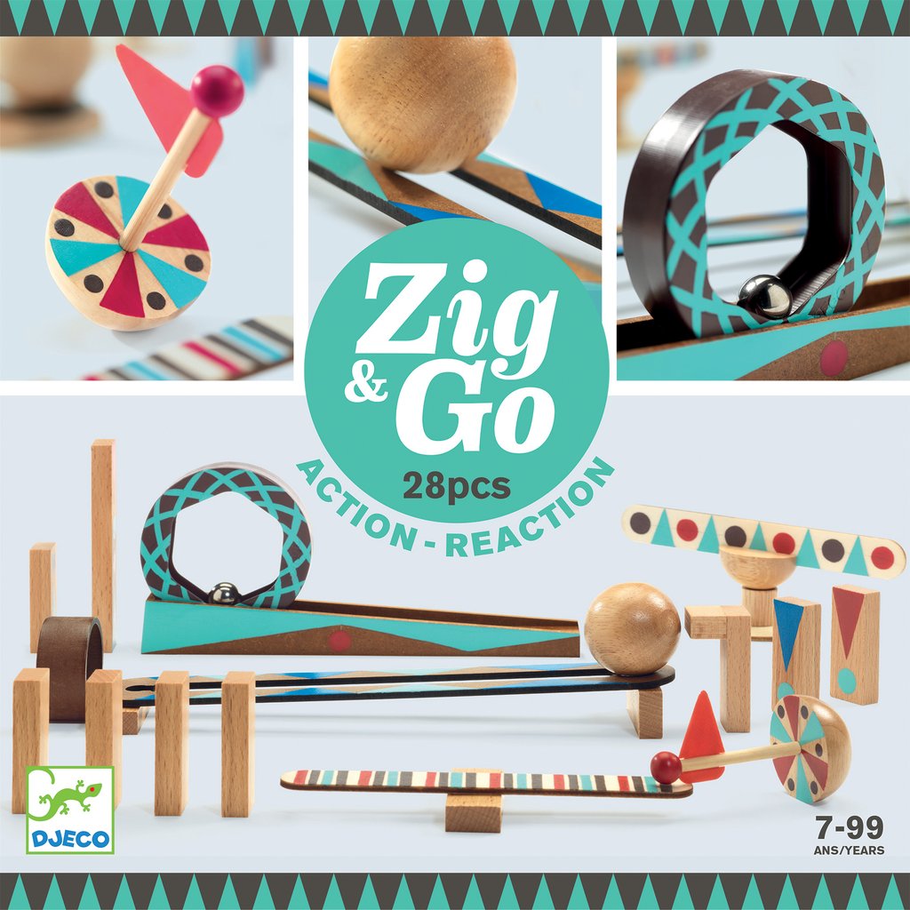Zig & Go Roll 28pc wooden action-reaction set with interactive accessories for creative chain reaction play.