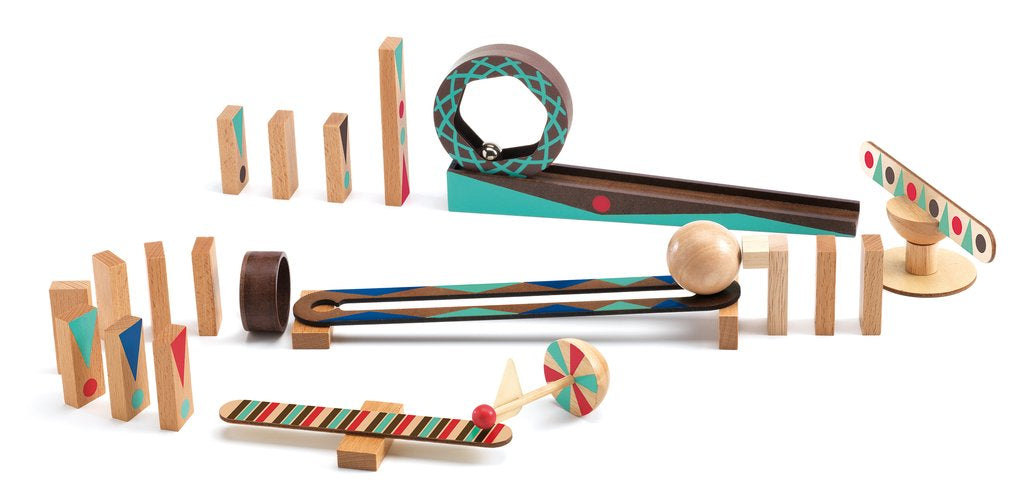 Zig & Go Roll 28pc wooden chain reaction set with interactive pieces for building creative courses and learning physics concepts.