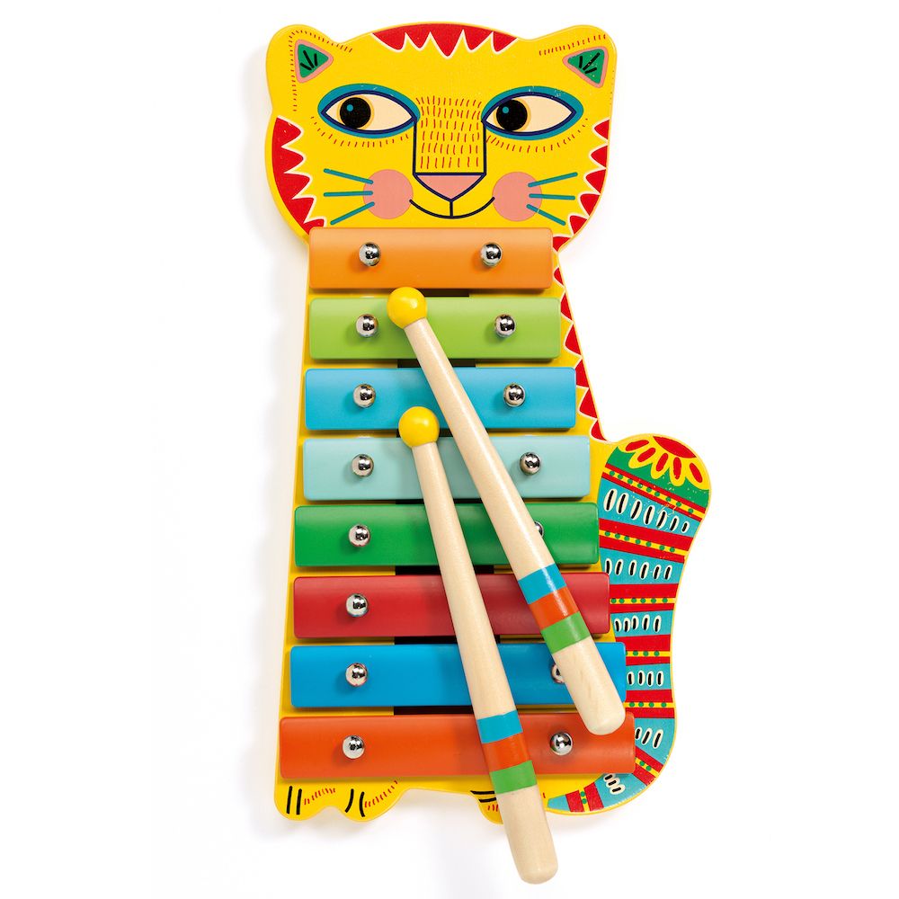 Animambo Metallophone Xylophone shaped like a colorful cat with wooden mallets for musical play.