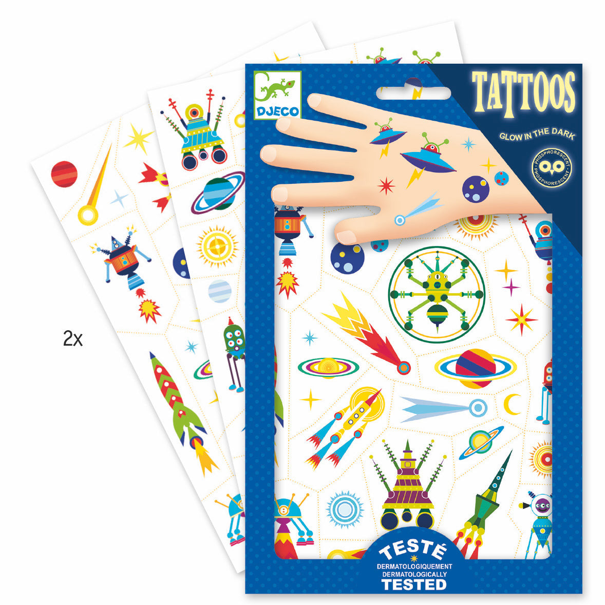 Space Oddity Tattoos featuring colorful glow-in-the-dark space-themed designs on easy-to-apply tattoo sheets for kids.