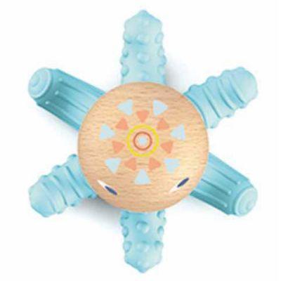 BabySquidi Teether with soft textured blue arms and a wooden center, designed to soothe baby gums from 0+ months.