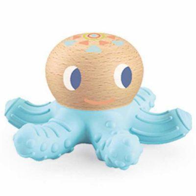 BabySquidi Teether in blue with textured arms and wooden head designed to soothe baby gums and provide teething relief.