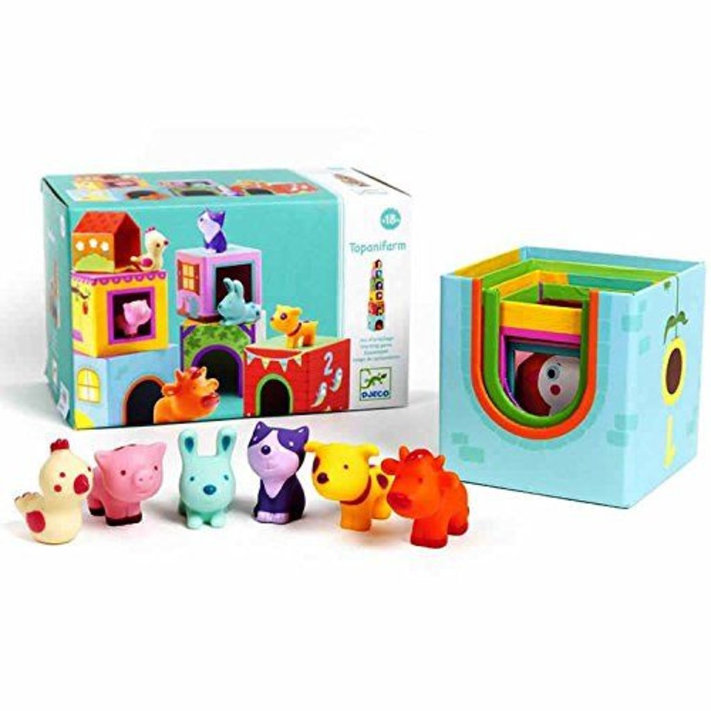 Topanifarm Nesting Blocks & Animals with six colorful farm animal figures and stackable nesting blocks in farm theme.